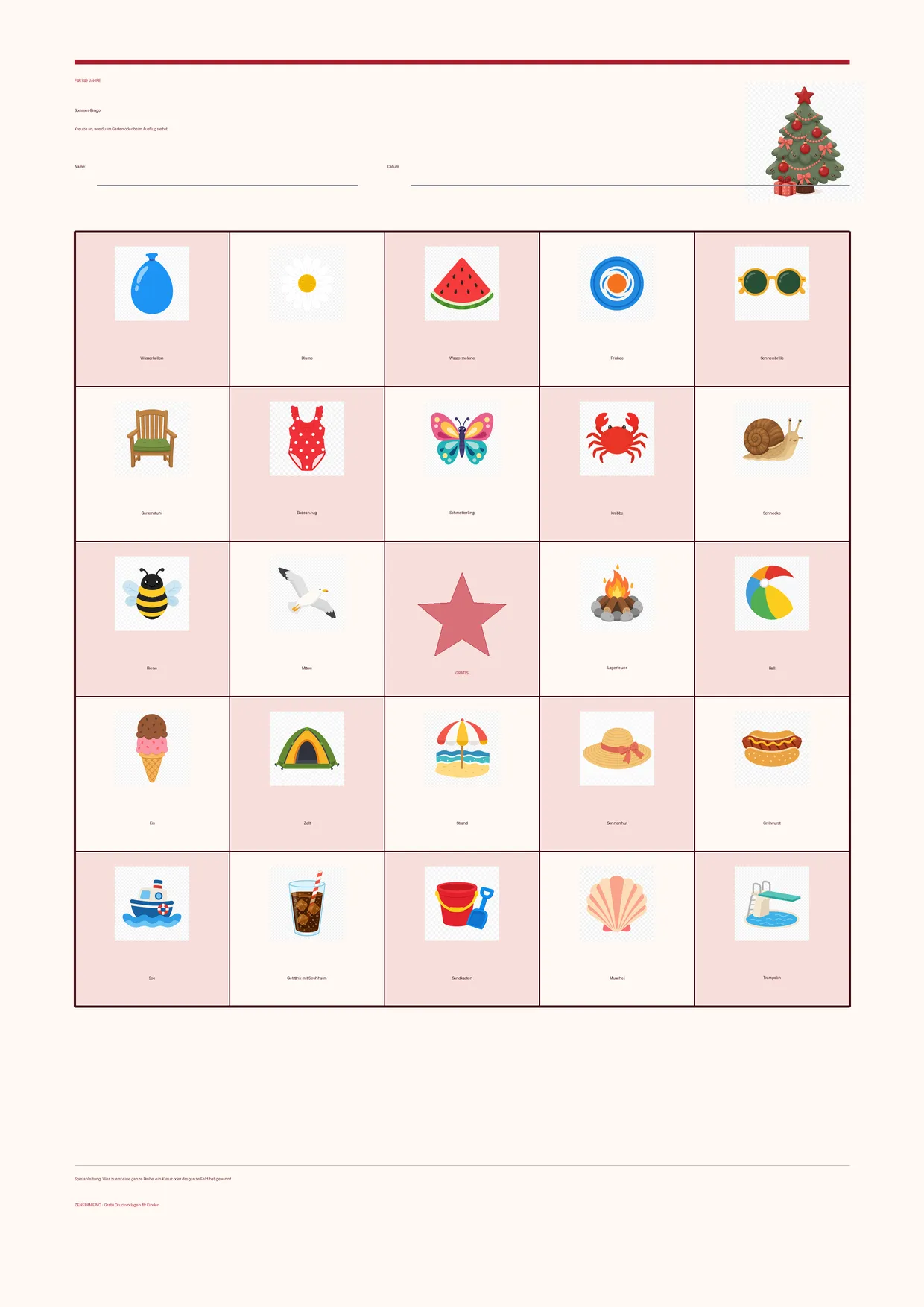 Sommer-Bingo für Kinder 7–9 Jahre – Weihnachten-Design – kostenlose A4-Vorlage zum Ausdrucken