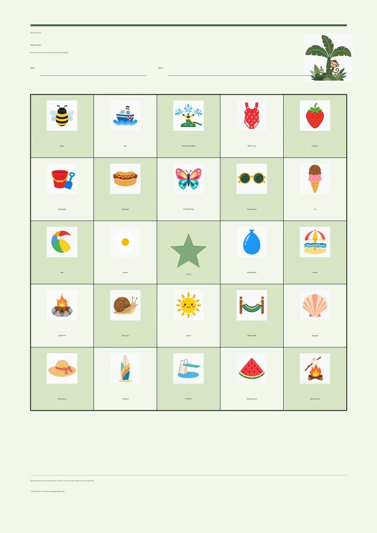 Sommer-Bingo für Kinder 7–9 Jahre – Dschungel-Design – kostenlose A4-Vorlage zum Ausdrucken