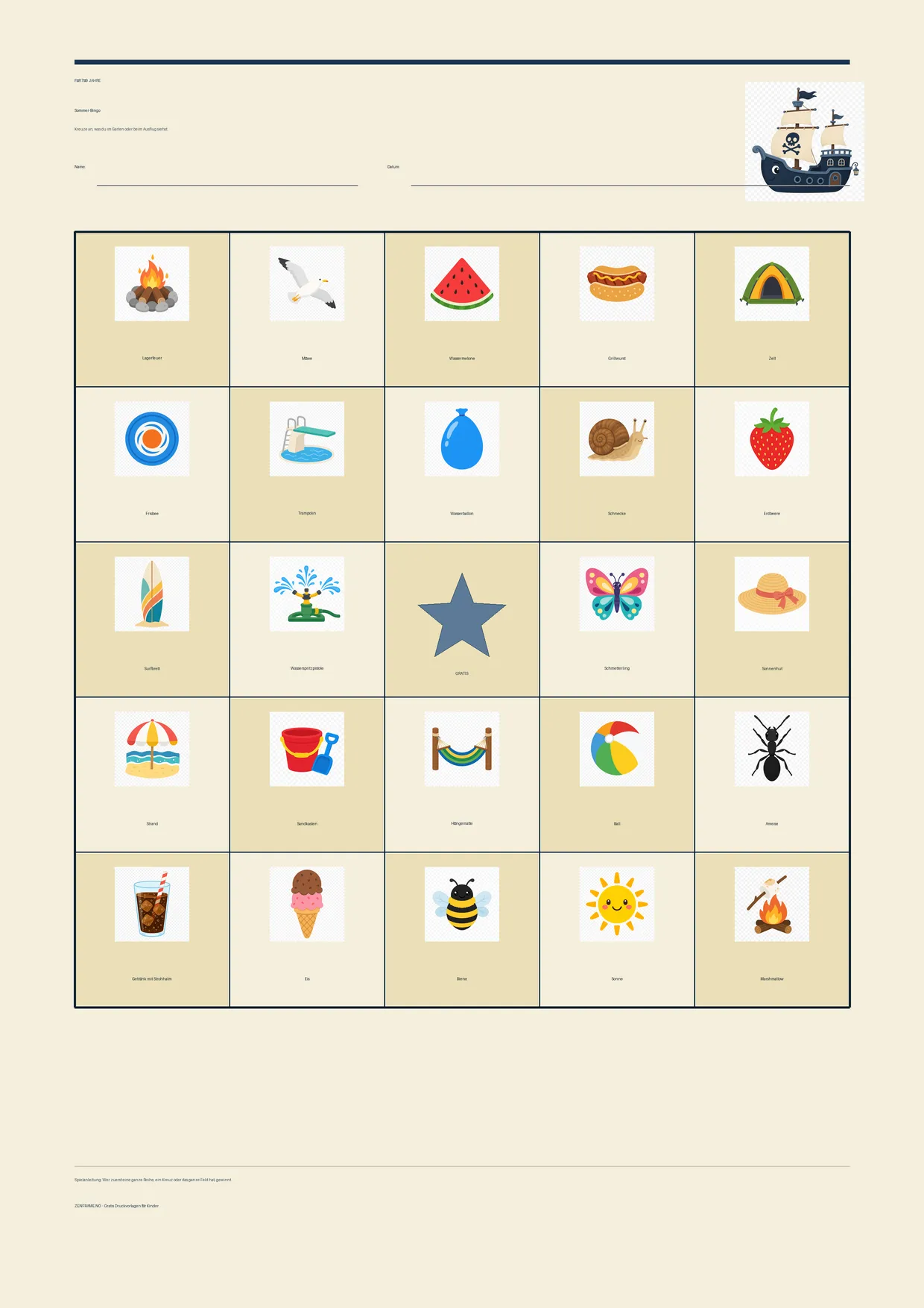 Sommer-Bingo für Kinder 7–9 Jahre – Pirat-Design – kostenlose A4-Vorlage zum Ausdrucken