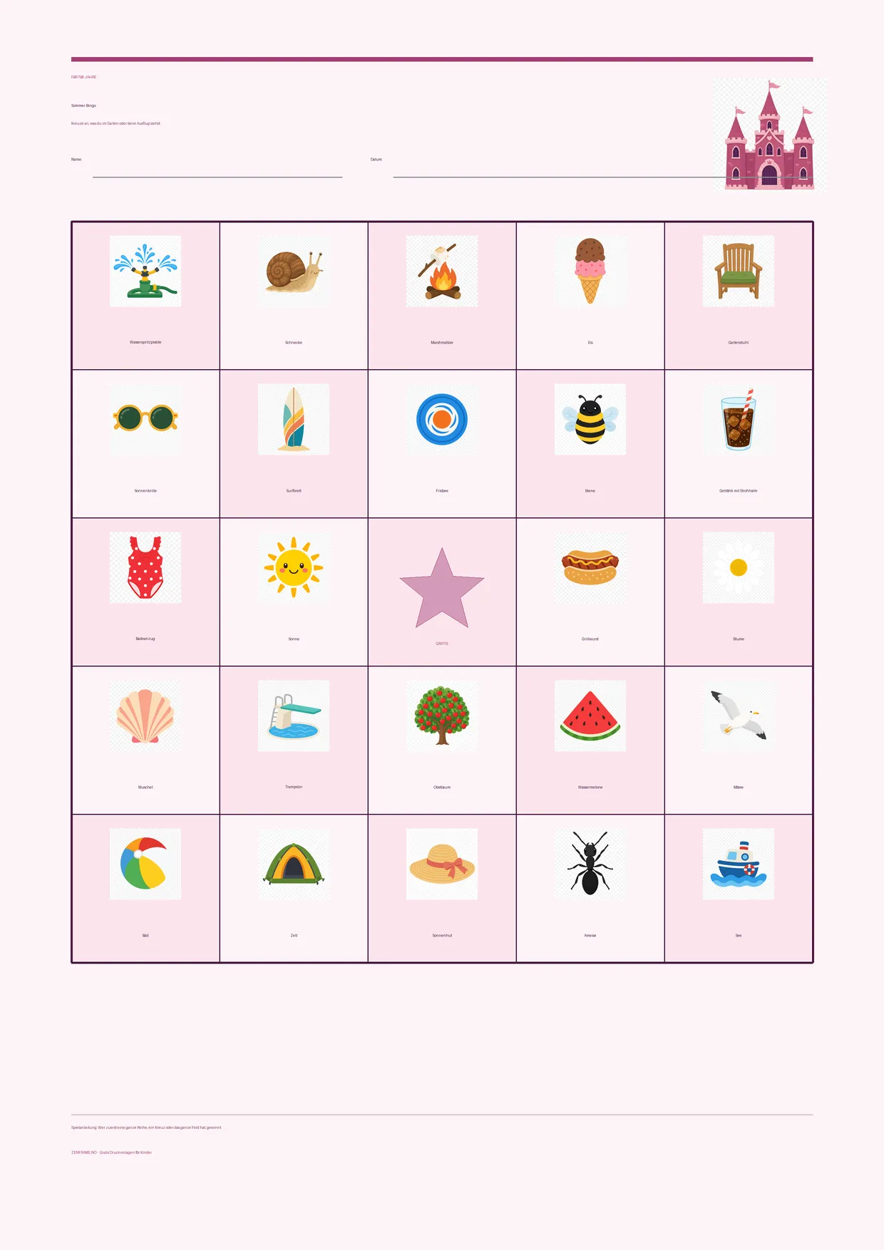 Sommer-Bingo für Kinder 7–9 Jahre – Prinzessin-Design – kostenlose A4-Vorlage zum Ausdrucken