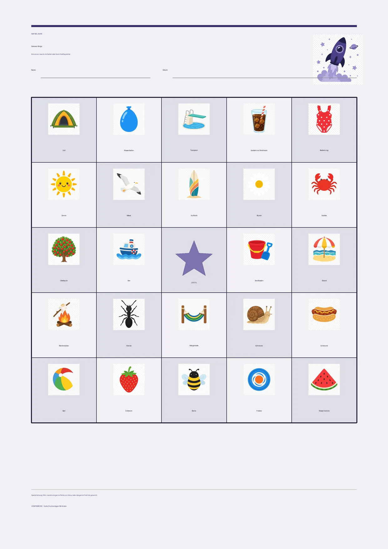 Sommer-Bingo für Kinder 7–9 Jahre – Weltraum-Design – kostenlose A4-Vorlage zum Ausdrucken