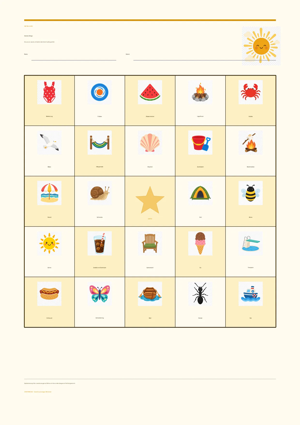 Sommer-Bingo für Kinder 7–9 Jahre – Sommer-Design – kostenlose A4-Vorlage zum Ausdrucken