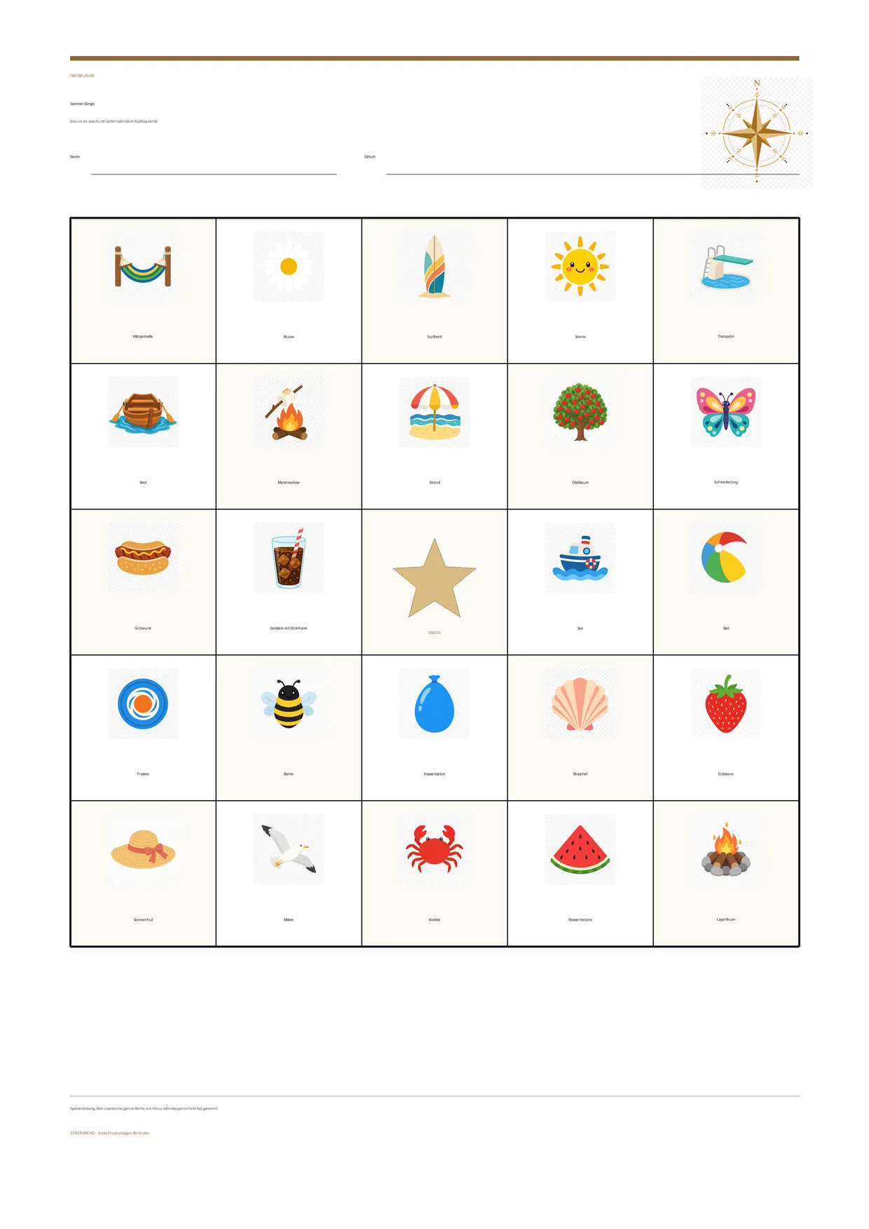 Sommer-Bingo für Kinder 7–9 Jahre – kostenlose A4-Vorlage zum Ausdrucken