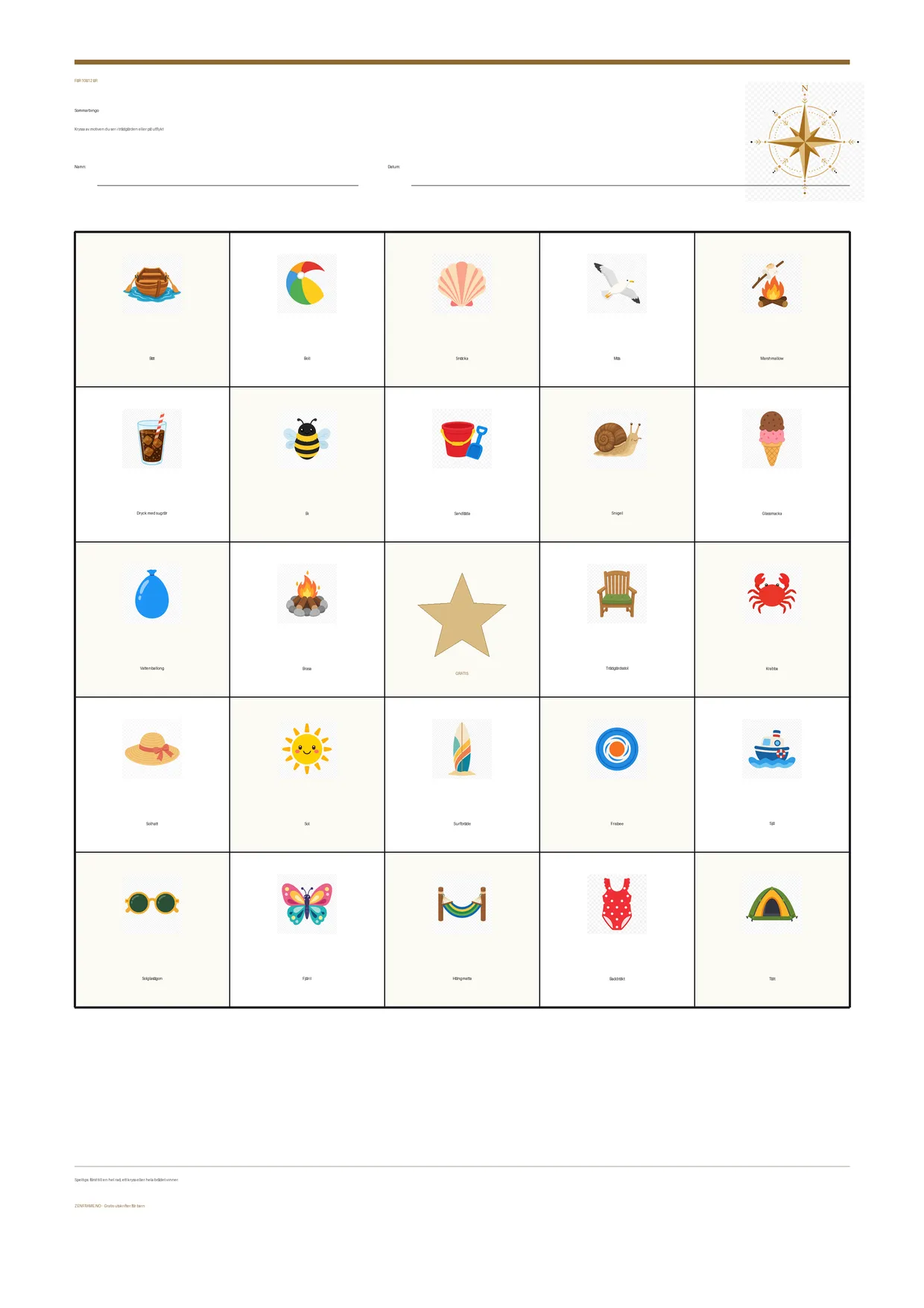 Sommarbingo för barn 10–12 år – gratis utskrivbart A4-bräde