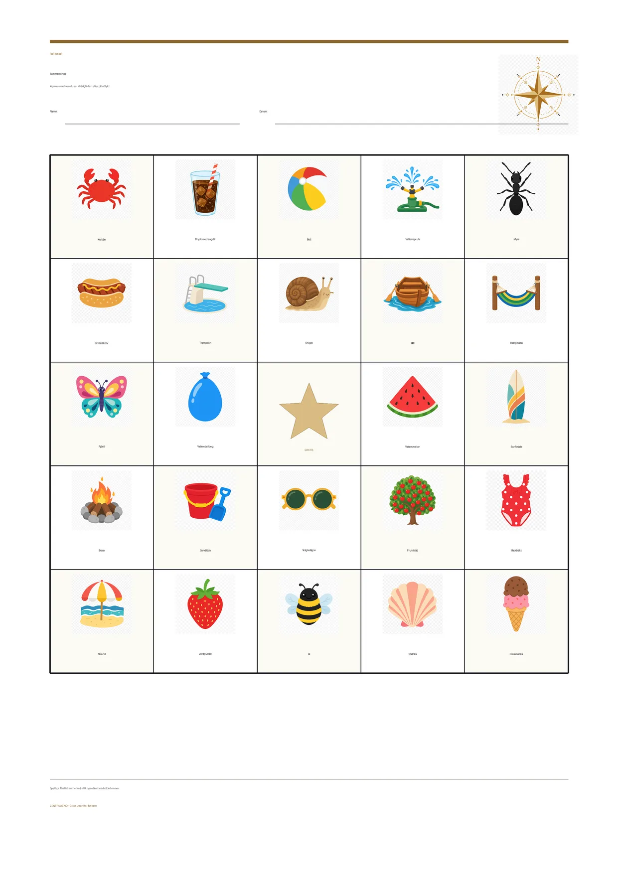 Sommarbingo för barn 4–6 år – gratis utskrivbart A4-bräde