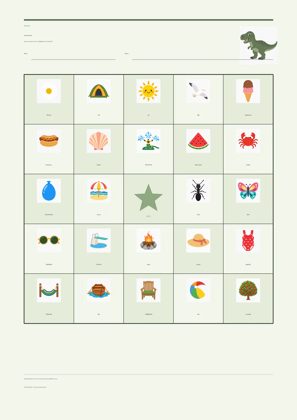 Sommarbingo för barn 7–9 år – Dinosaurie-tema – gratis utskrivbart A4-bräde