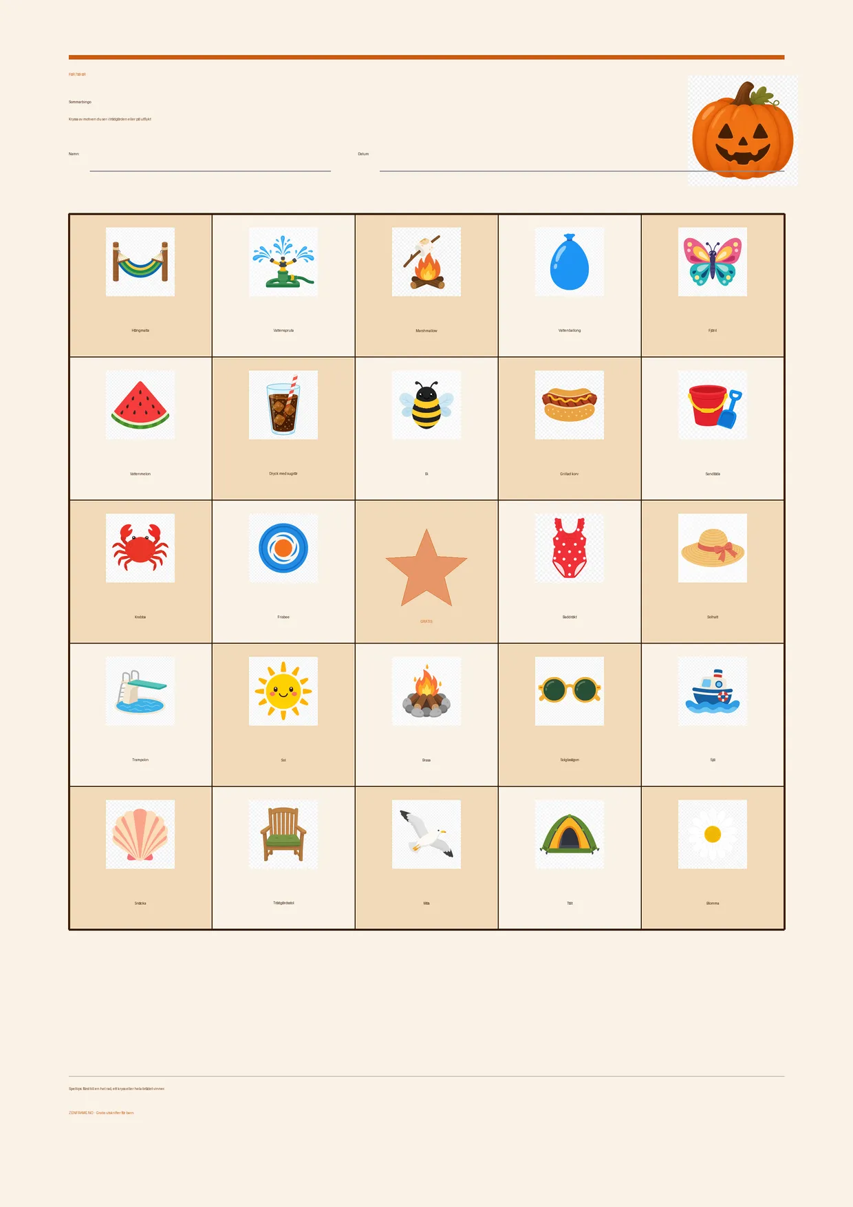 Sommarbingo för barn 7–9 år – Halloween-tema – gratis utskrivbart A4-bräde