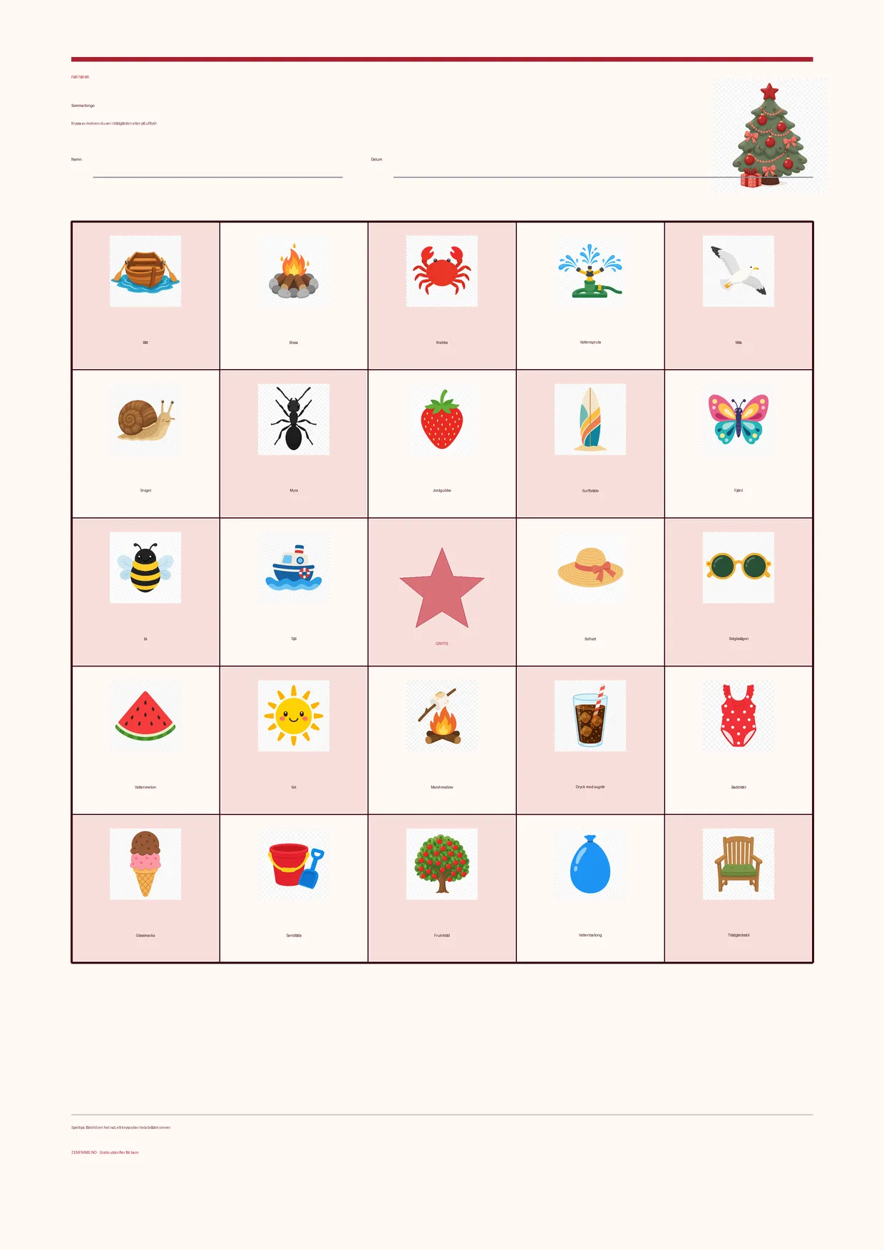 Sommarbingo för barn 7–9 år – Jul-tema – gratis utskrivbart A4-bräde