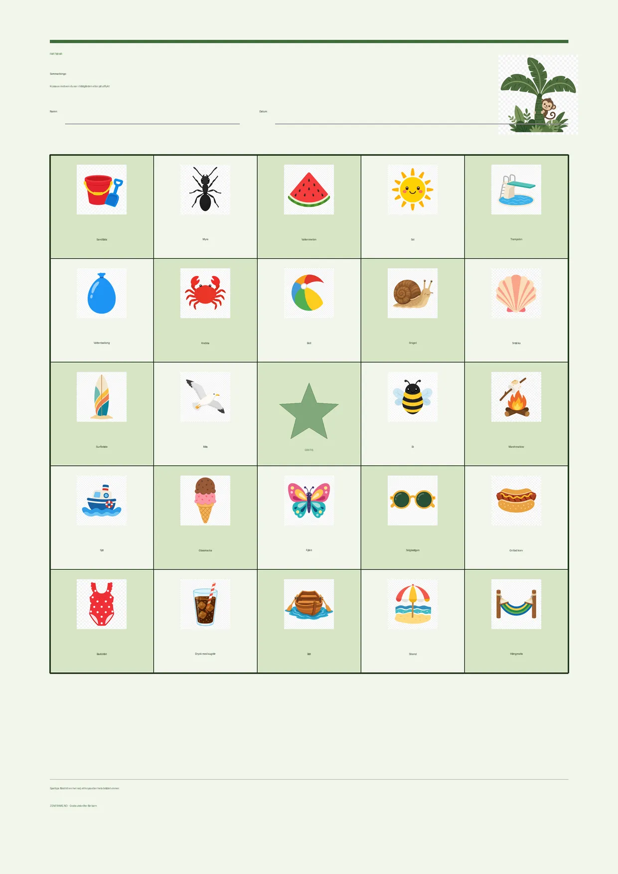 Sommarbingo för barn 7–9 år – Djungel-tema – gratis utskrivbart A4-bräde