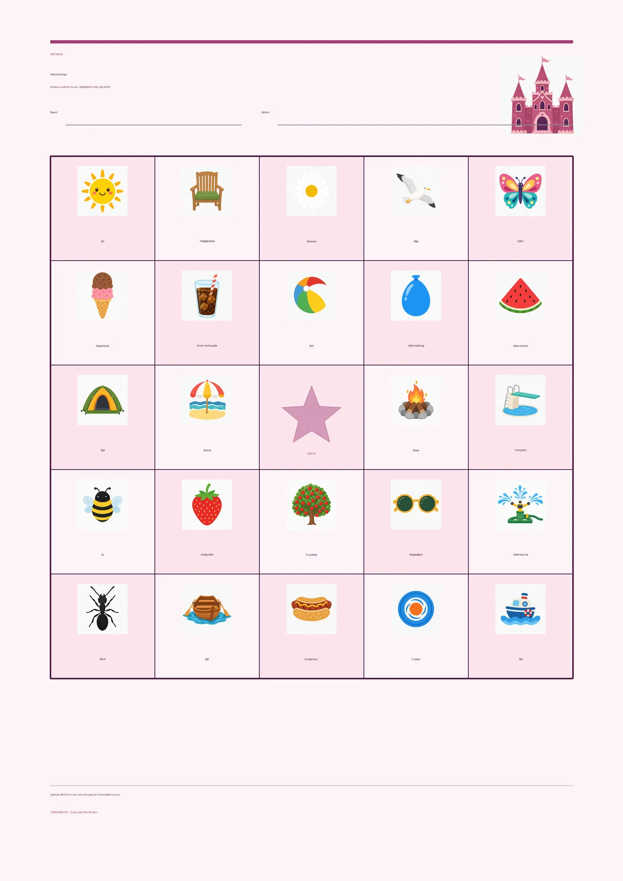 Sommarbingo för barn 7–9 år – Prinsessa-tema – gratis utskrivbart A4-bräde