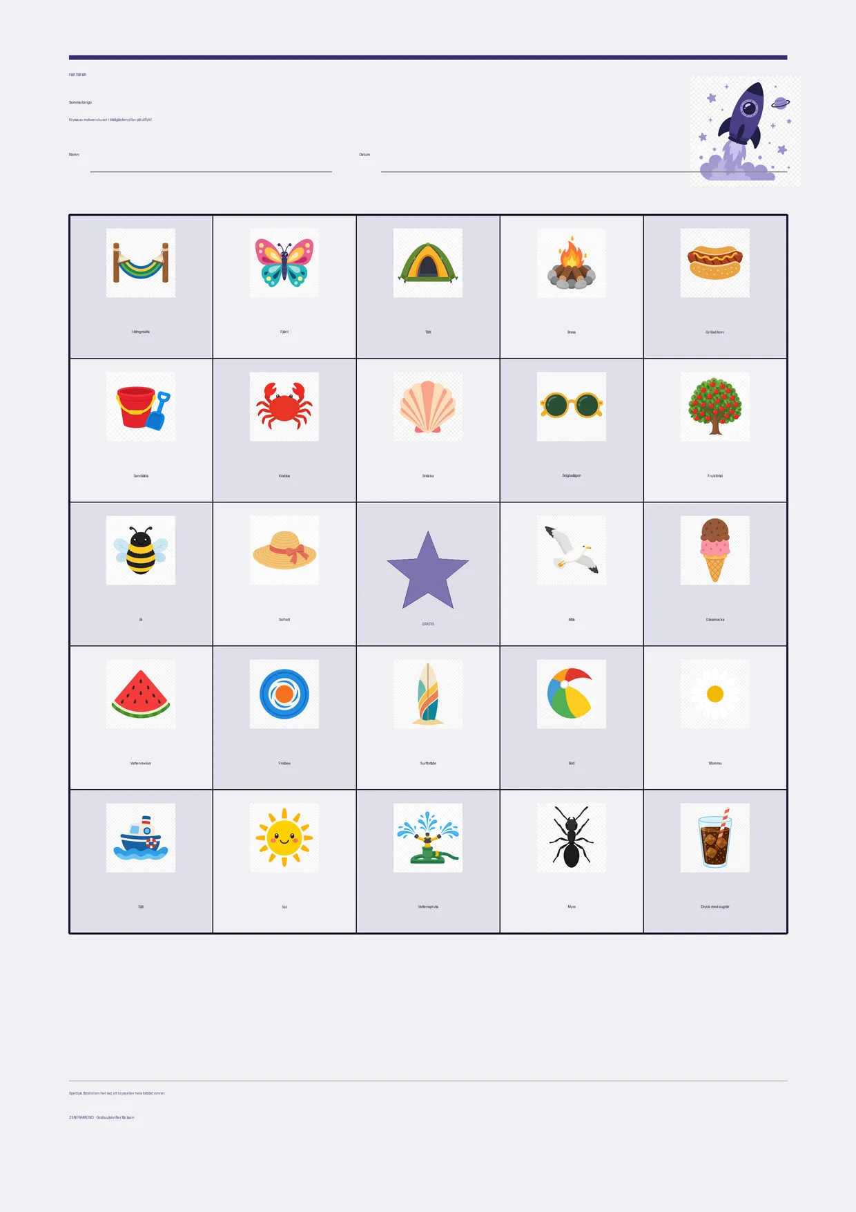 Sommarbingo för barn 7–9 år – Rymden-tema – gratis utskrivbart A4-bräde