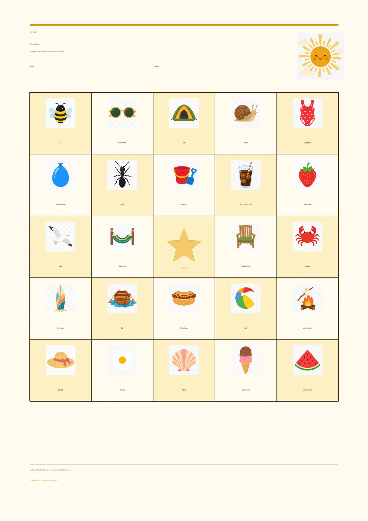 Sommarbingo för barn 7–9 år – Sommar-tema – gratis utskrivbart A4-bräde