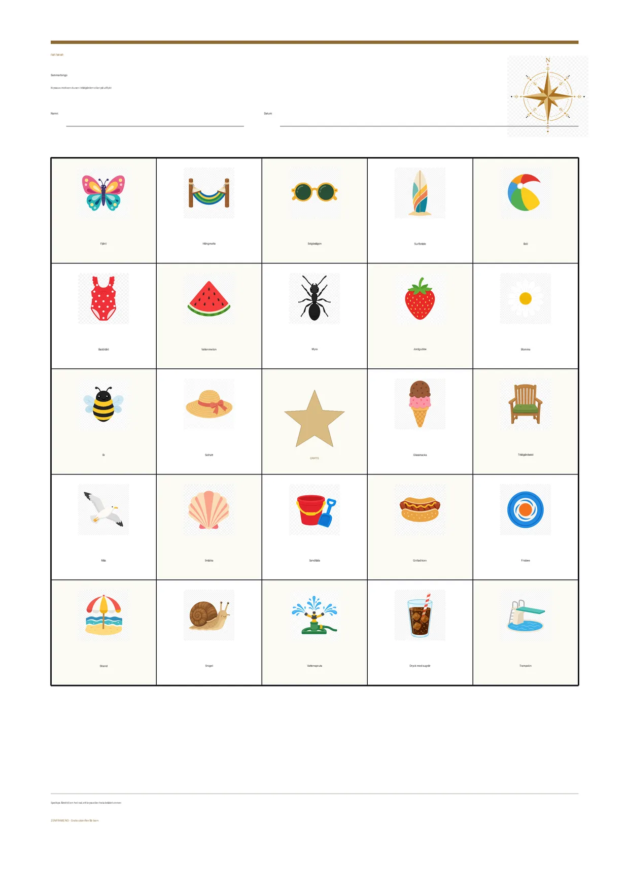 Sommarbingo för barn 7–9 år – gratis utskrivbart A4-bräde