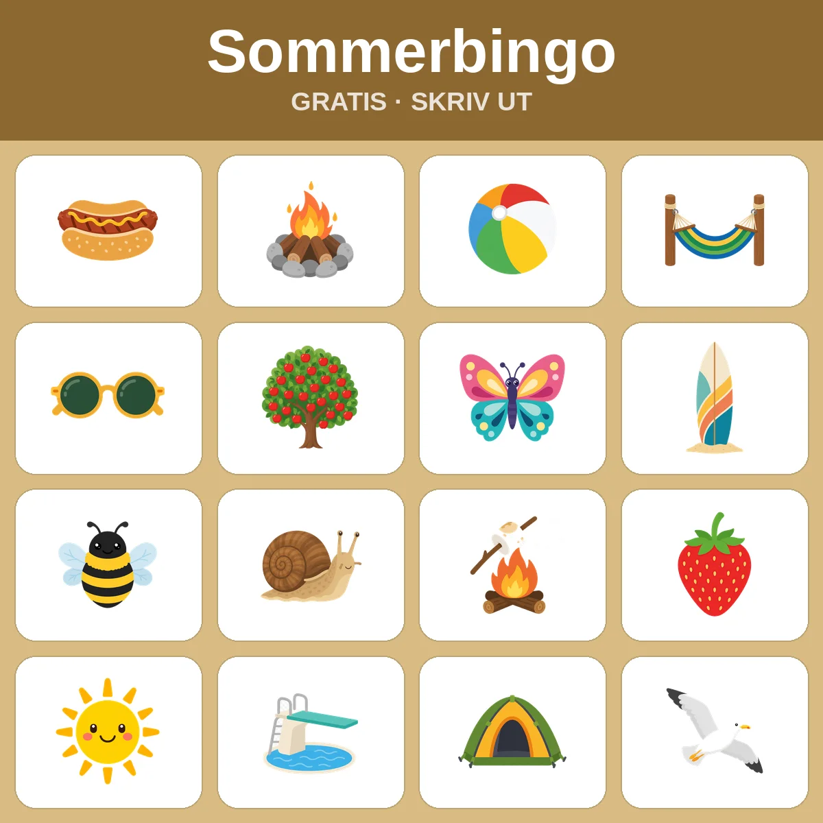 Sommerbingo – gratis bingo til utskrift for barn