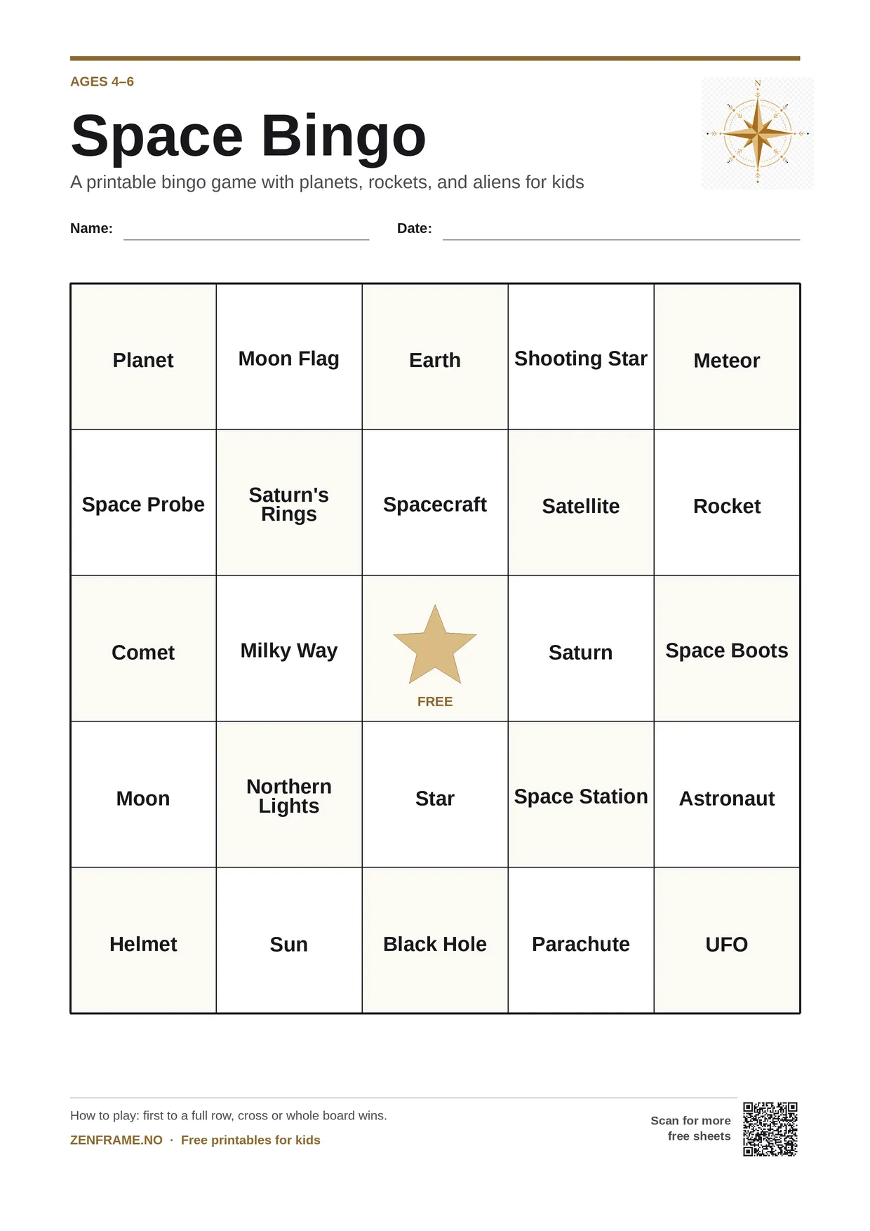 Space Bingo for kids ages 4–6 – free printable A4 board