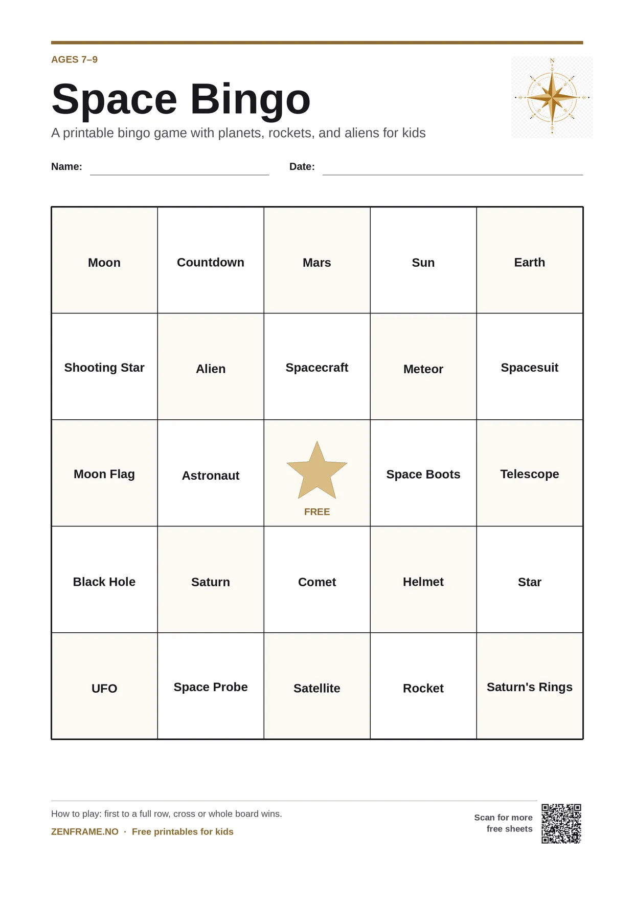 Space Bingo for kids ages 7–9 – free printable A4 board