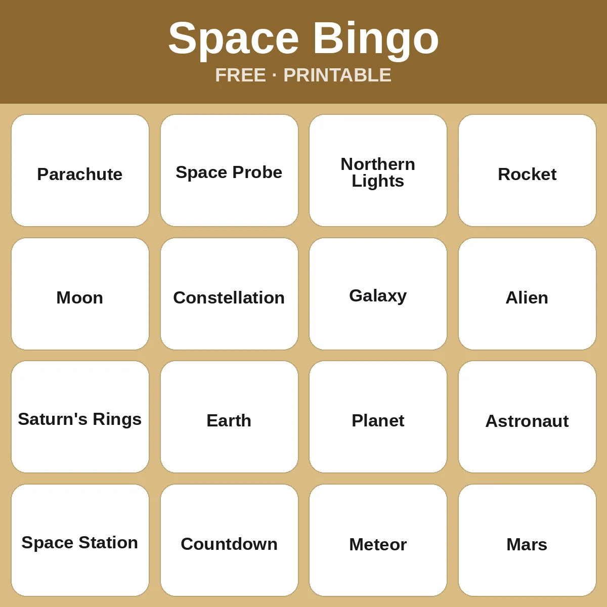 Space Bingo – free printable bingo for kids