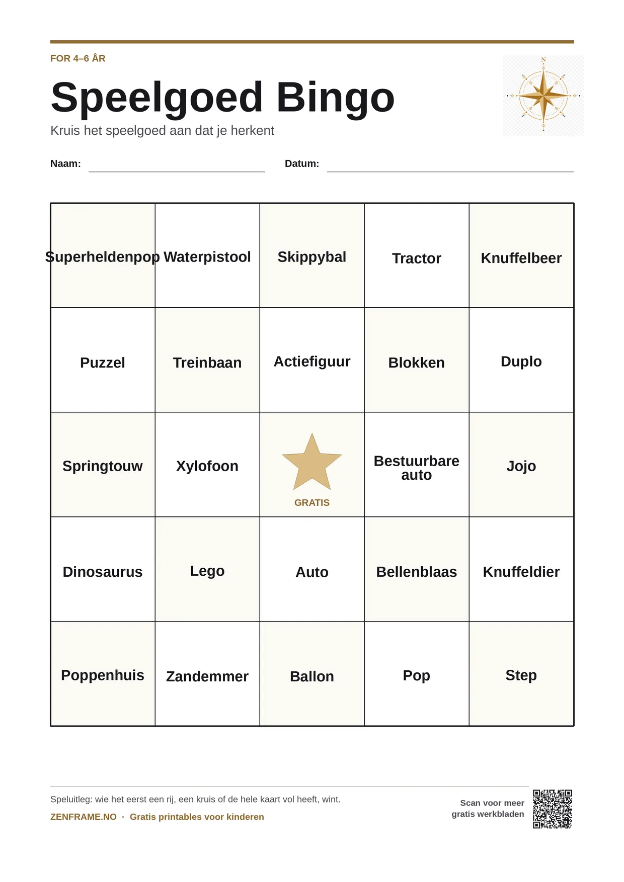 Speelgoed Bingo voor kinderen 4–6 jaar – gratis printbare A4-kaart