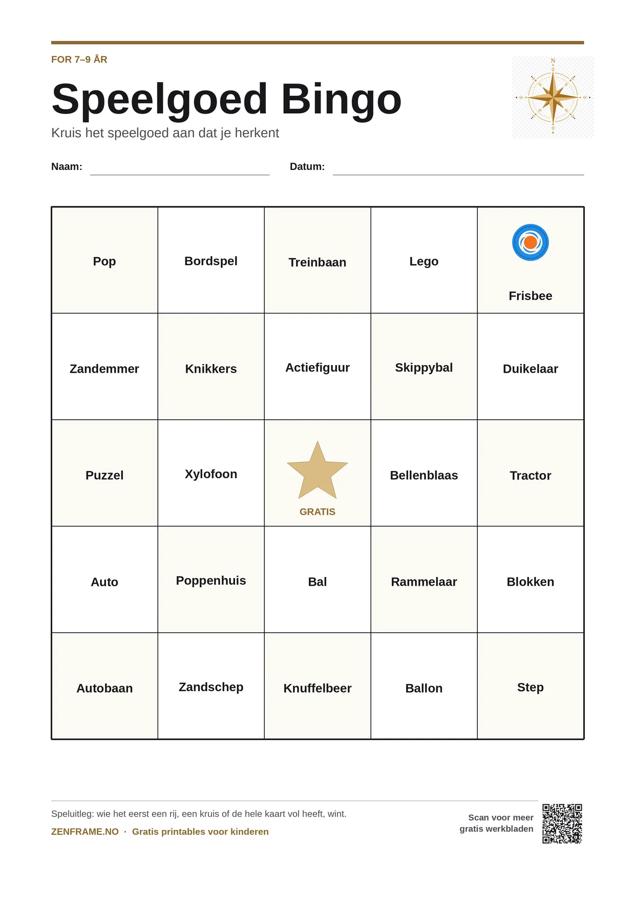 Speelgoed Bingo voor kinderen 7–9 jaar – gratis printbare A4-kaart