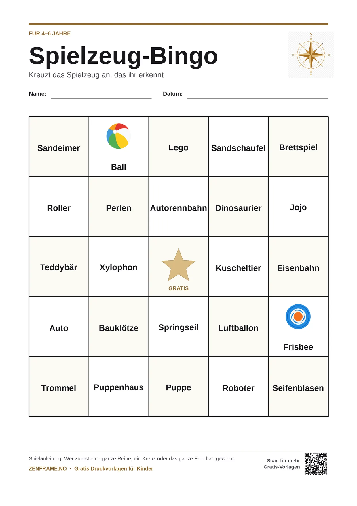 Spielzeug-Bingo für Kinder 4–6 Jahre – kostenlose A4-Vorlage zum Ausdrucken