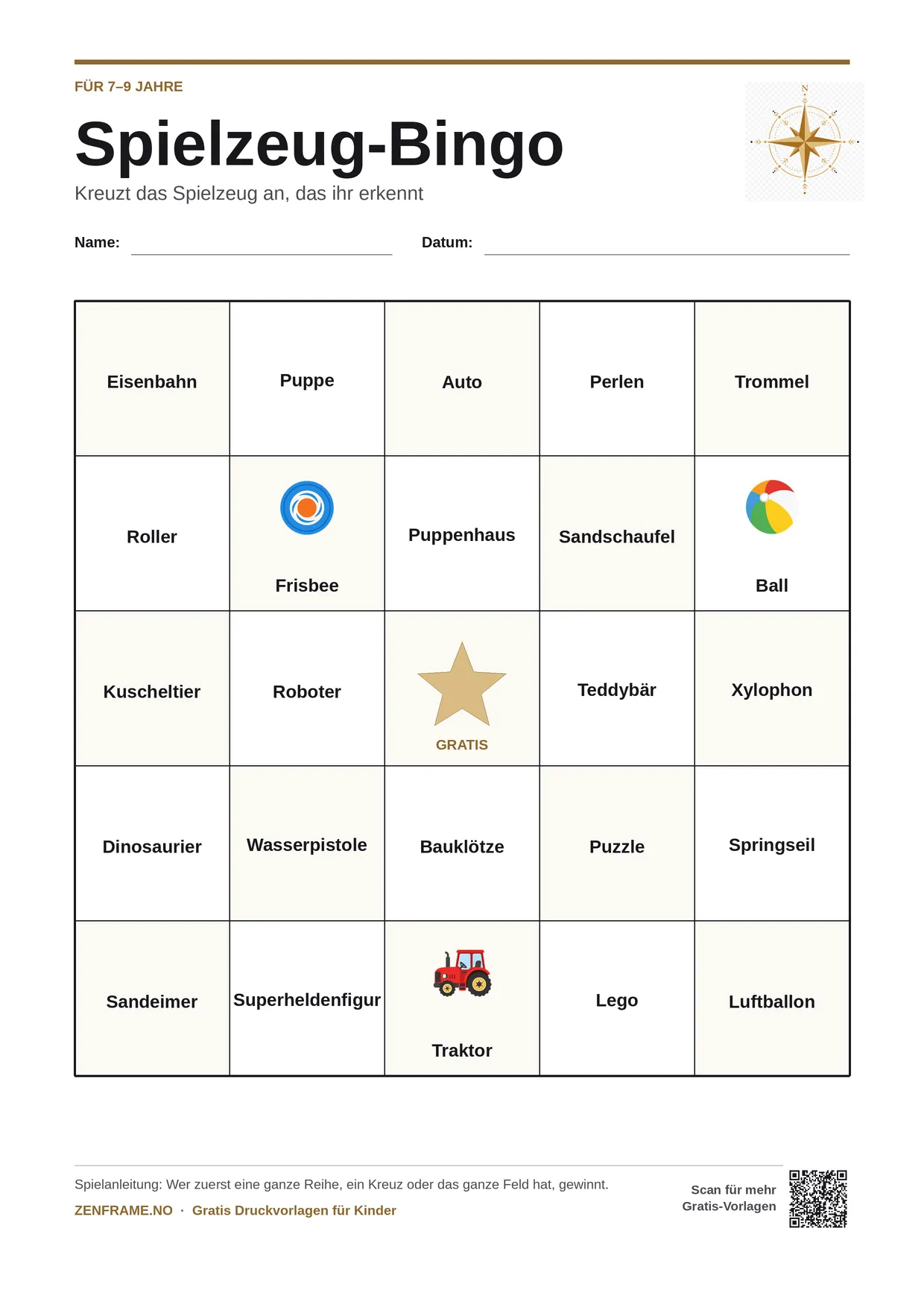 Spielzeug-Bingo für Kinder 7–9 Jahre – kostenlose A4-Vorlage zum Ausdrucken
