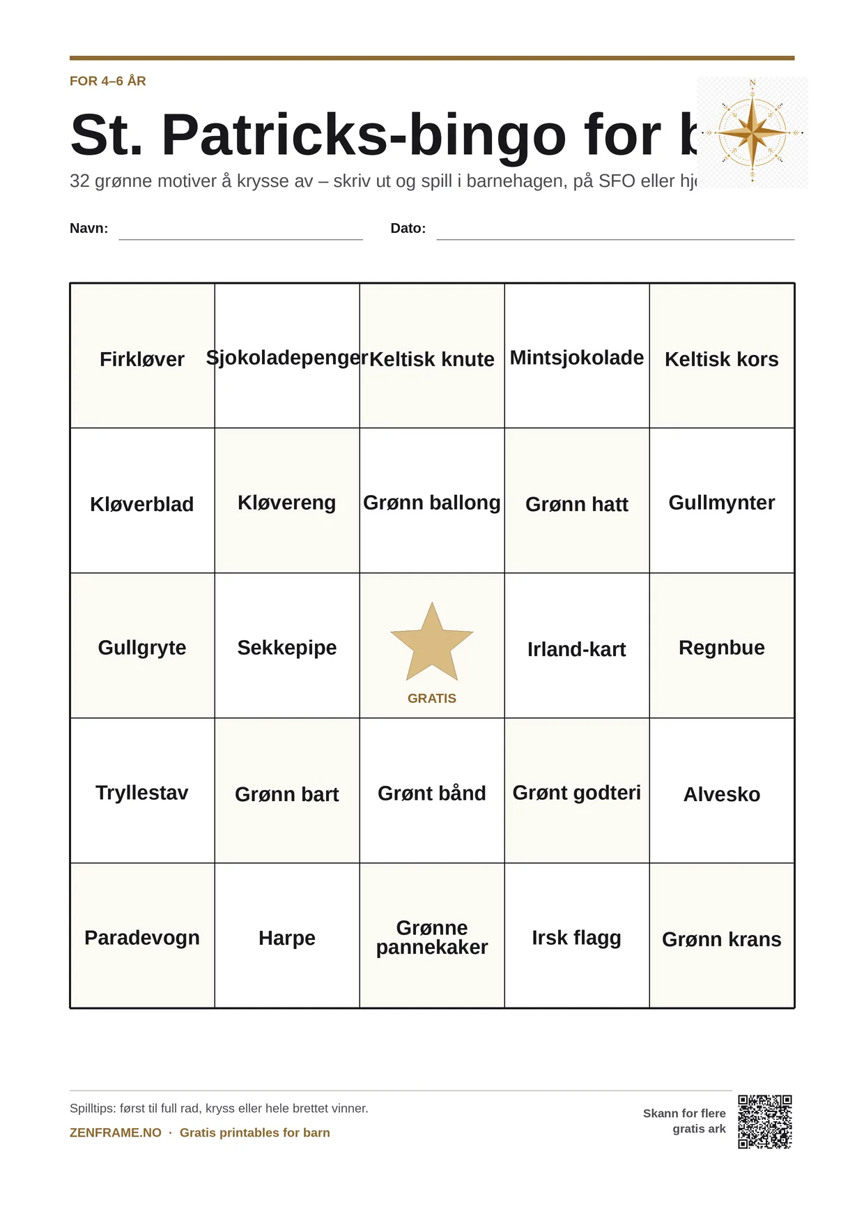 St. Patricks-bingo for barn 4–6 år – gratis utskrivbart A4-brett