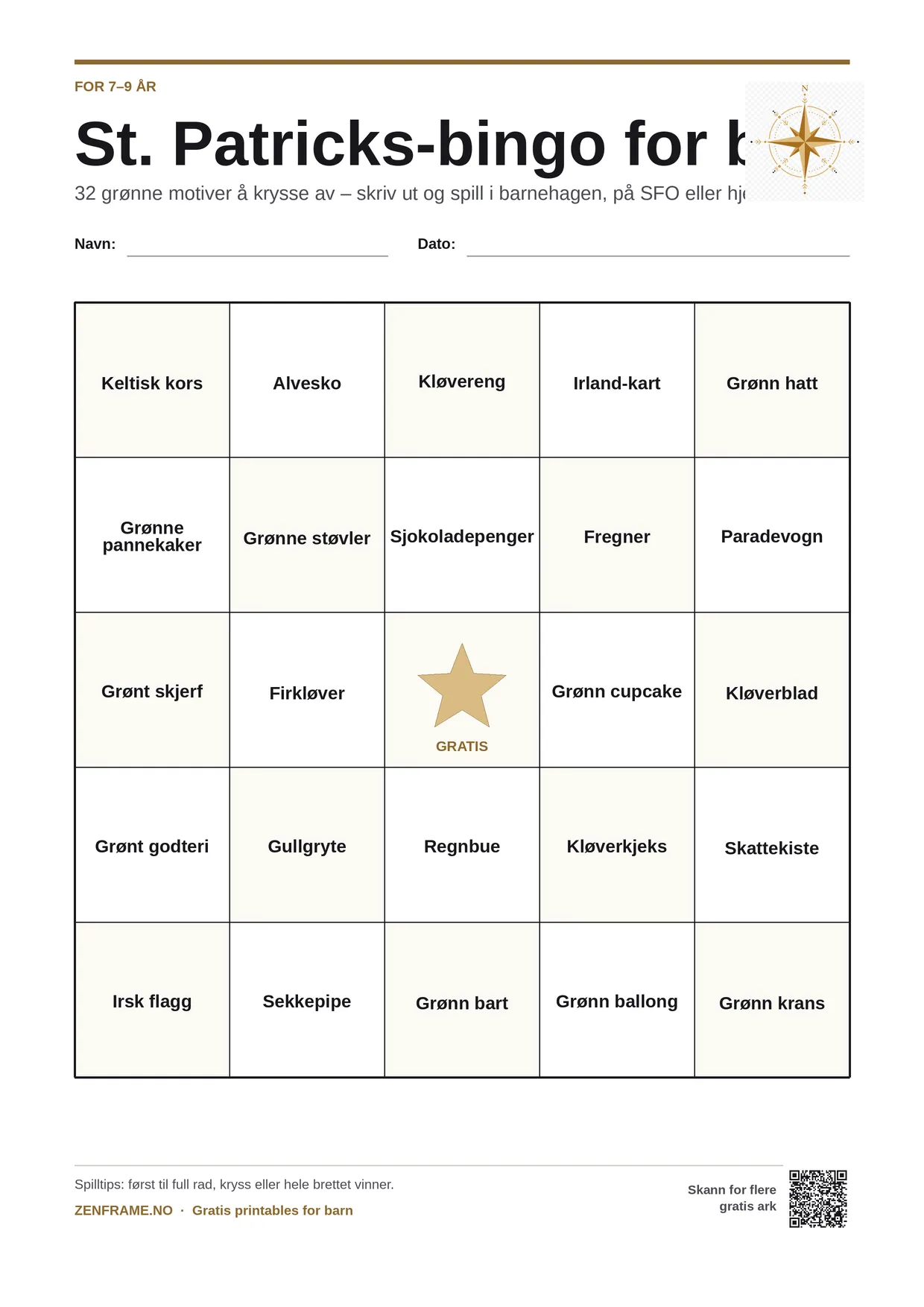 St. Patricks-bingo for barn 7–9 år – gratis utskrivbart A4-brett