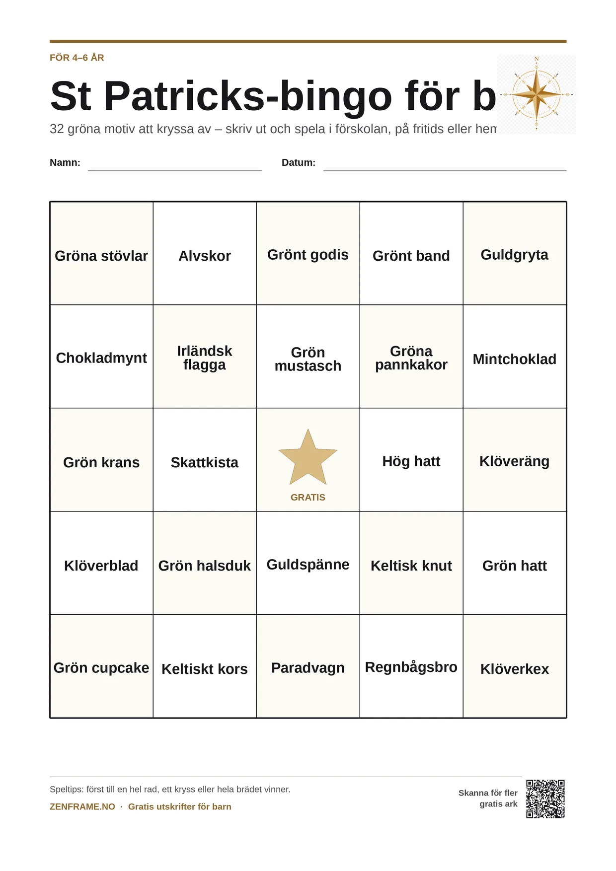 St Patricks-bingo för barn 4–6 år – gratis utskrivbart A4-bräde
