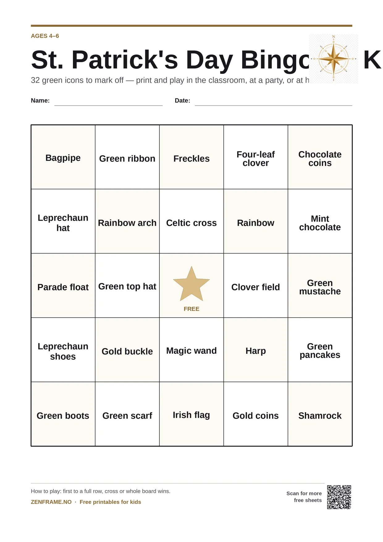 St. Patrick's Day Bingo for kids ages 4–6 – free printable A4 board