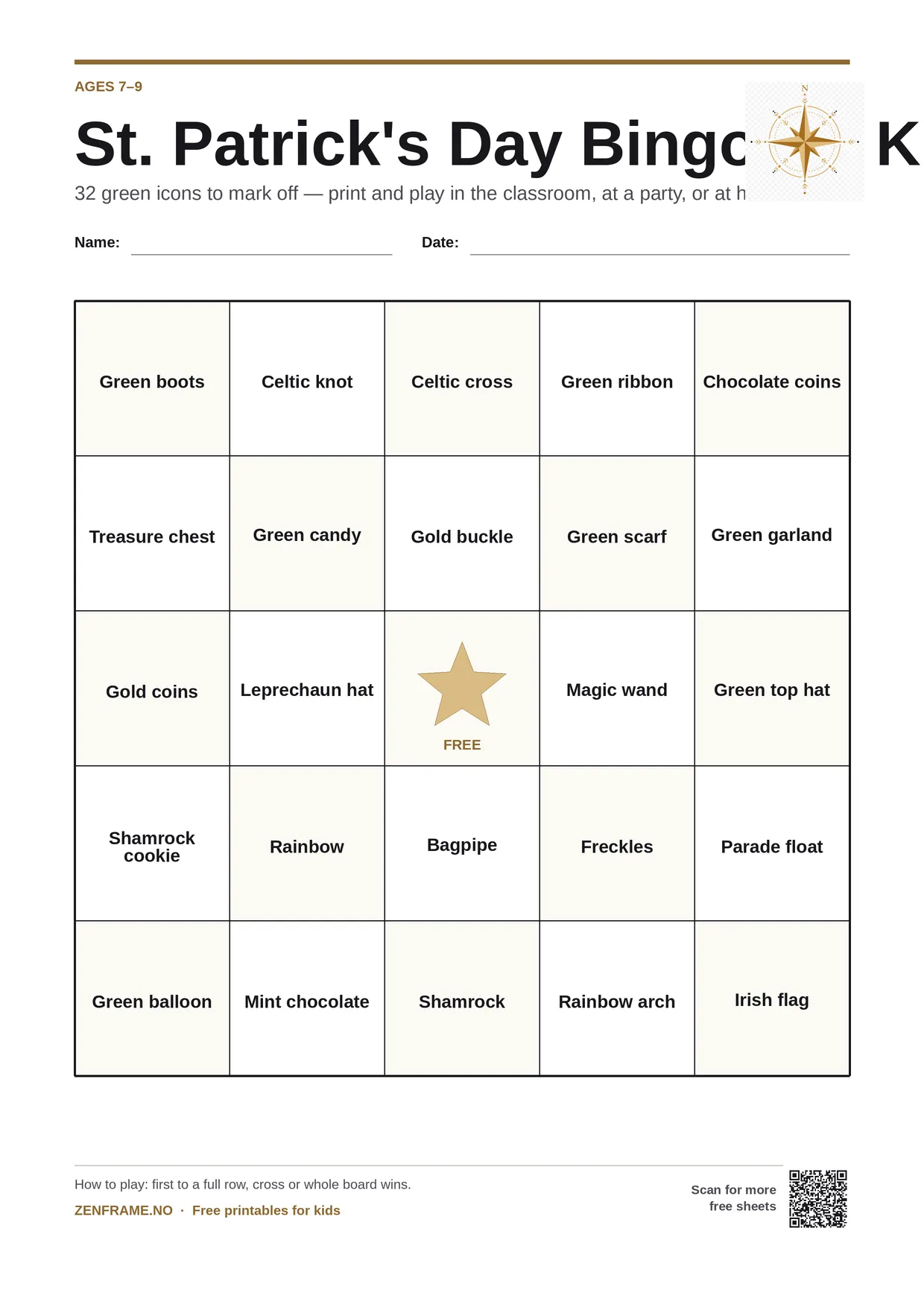 St. Patrick's Day Bingo for kids ages 7–9 – free printable A4 board