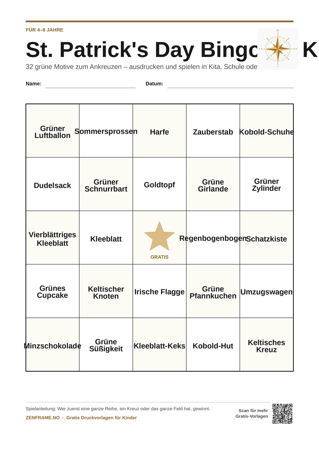St. Patrick's Day Bingo für Kinder 4–6 Jahre – kostenlose A4-Vorlage zum Ausdrucken