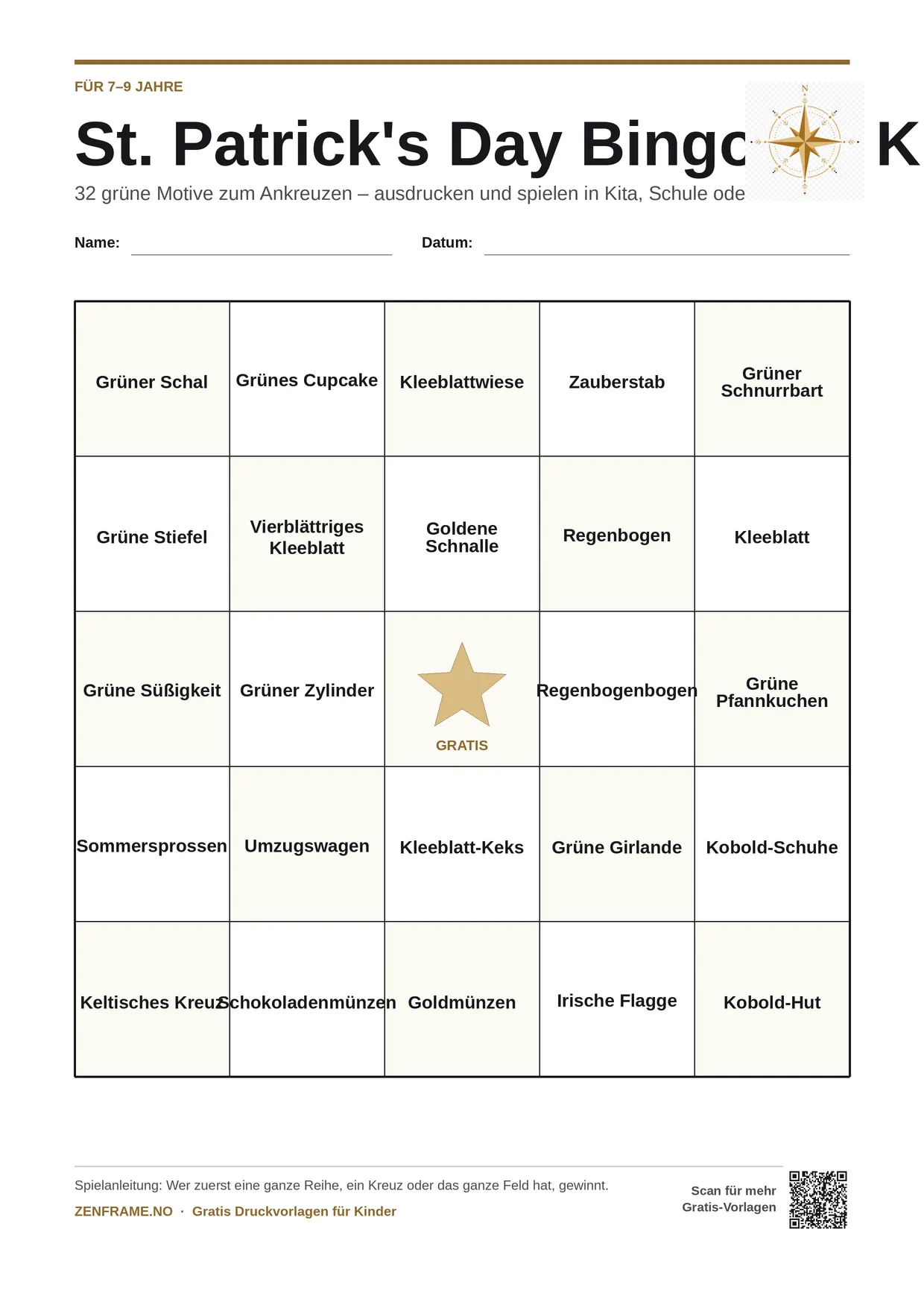 St. Patrick's Day Bingo für Kinder 7–9 Jahre – kostenlose A4-Vorlage zum Ausdrucken