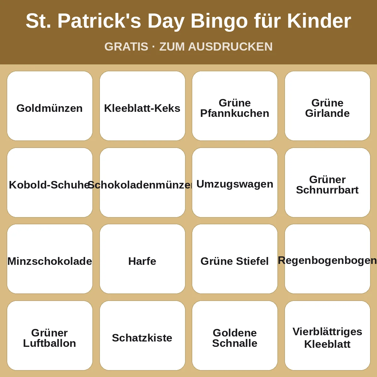 St. Patrick's Day Bingo für Kinder – kostenloses Bingo zum Ausdrucken für Kinder
