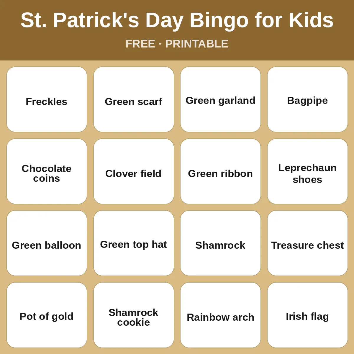 St. Patrick's Day Bingo for Kids – free printable bingo for kids