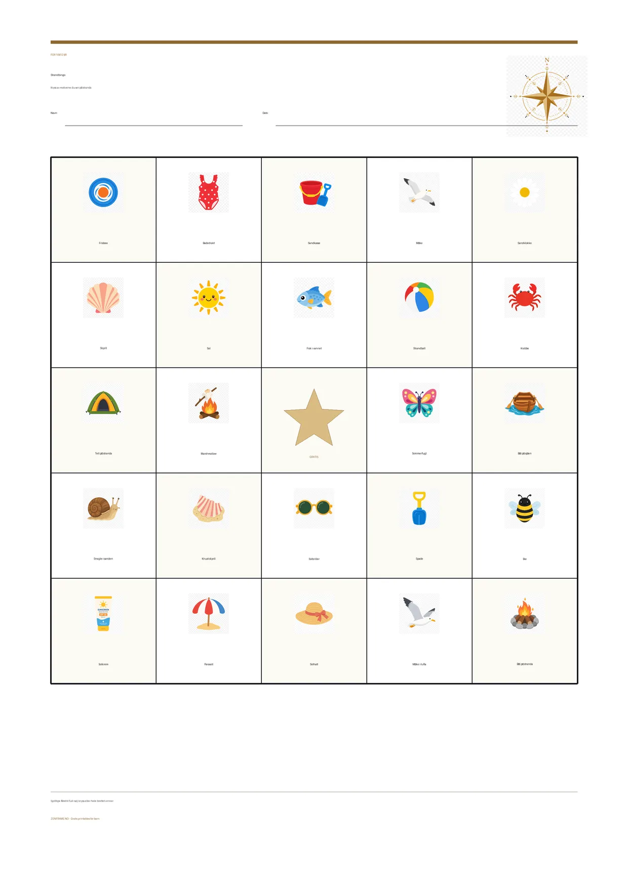 Strandbingo for barn 10–12 år – gratis utskrivbart A4-brett