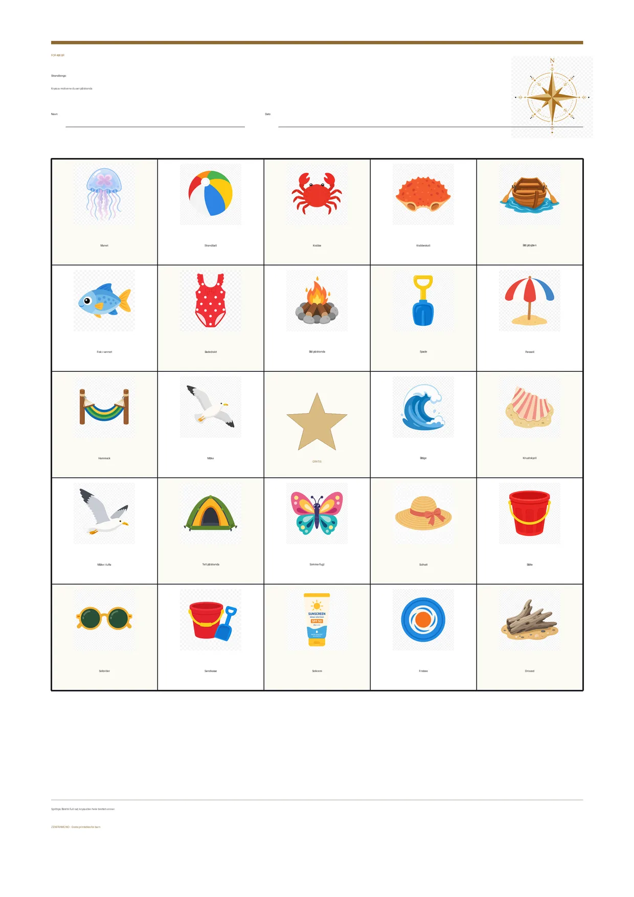 Strandbingo for barn 4–6 år – gratis utskrivbart A4-brett