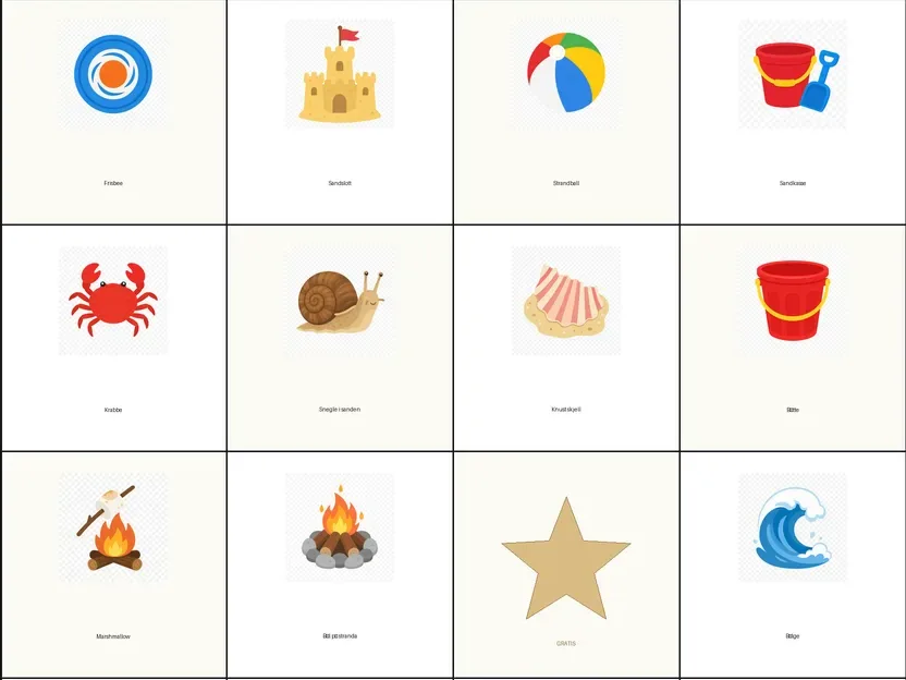 Strandbingo for barn 7–9 år – nærbilde av rutene med motiver