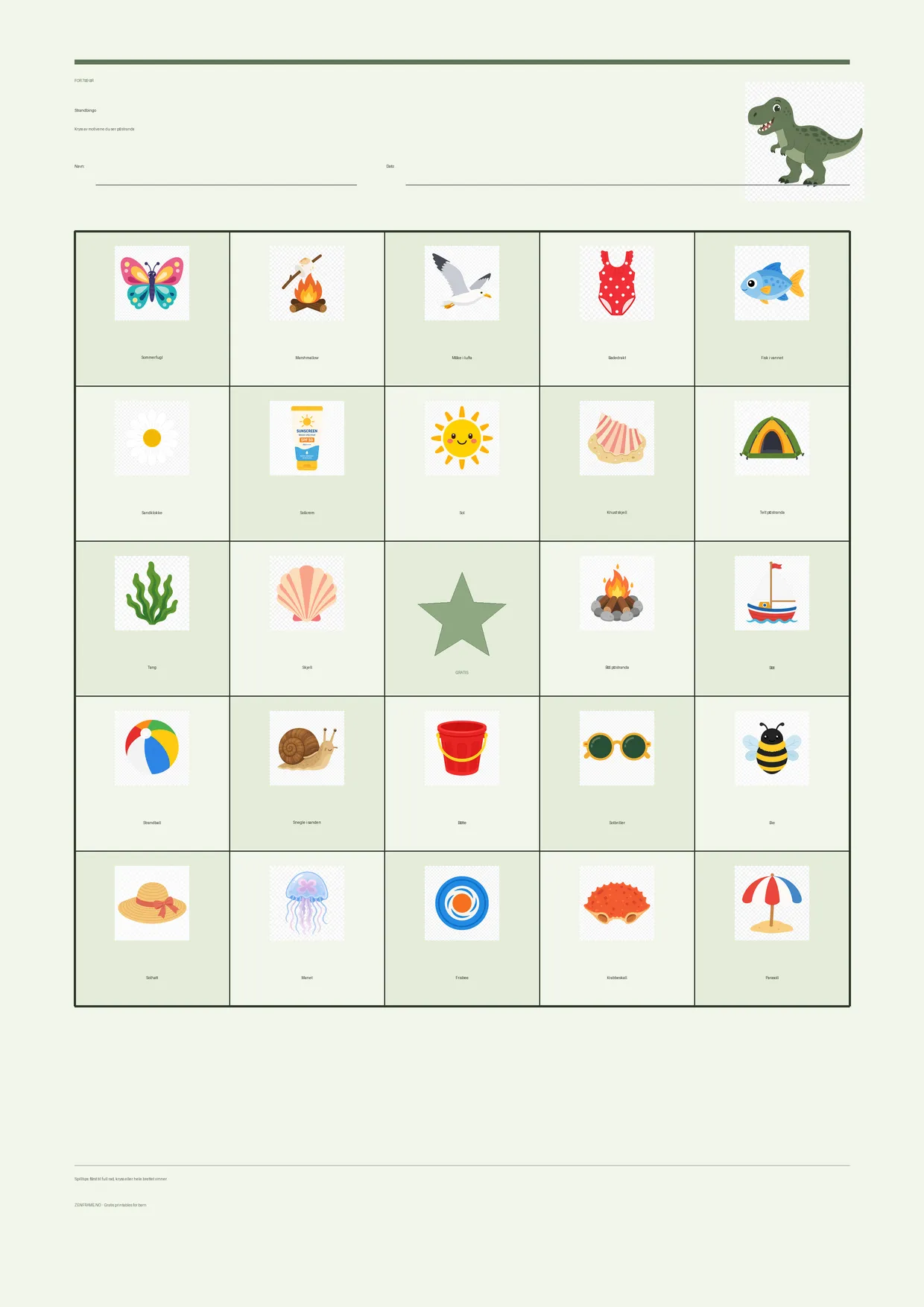 Strandbingo for barn 7–9 år – Dinosaur-tema – gratis utskrivbart A4-brett
