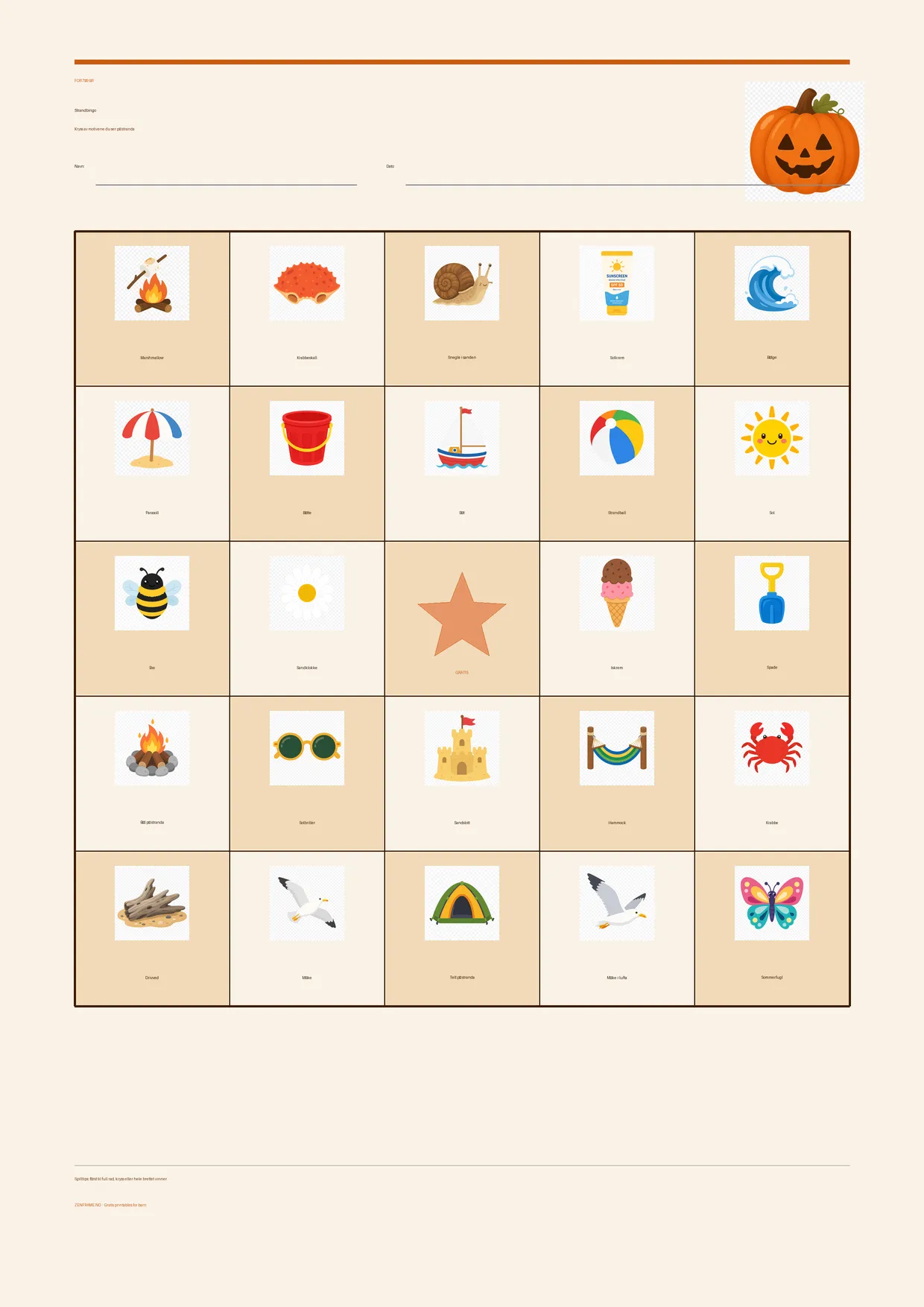 Strandbingo for barn 7–9 år – Halloween-tema – gratis utskrivbart A4-brett