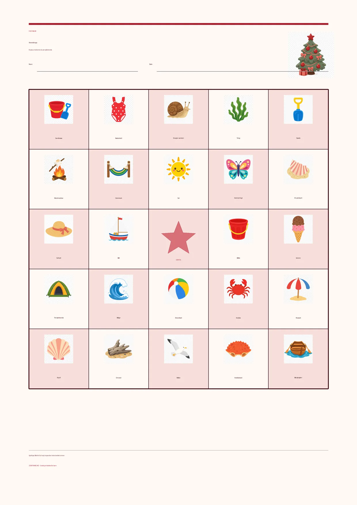 Strandbingo for barn 7–9 år – Jul-tema – gratis utskrivbart A4-brett
