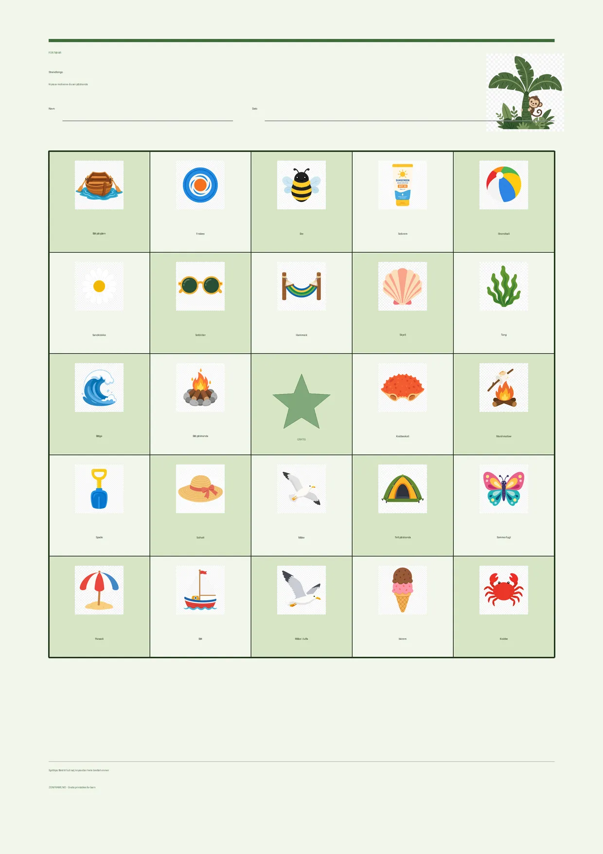 Strandbingo for barn 7–9 år – Jungel-tema – gratis utskrivbart A4-brett