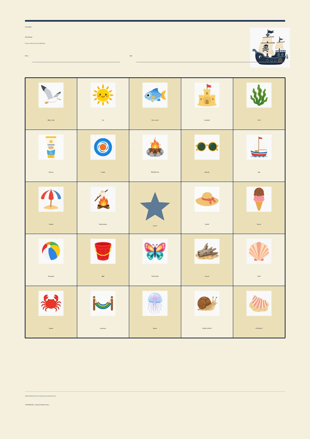 Strandbingo for barn 7–9 år – Pirat-tema – gratis utskrivbart A4-brett