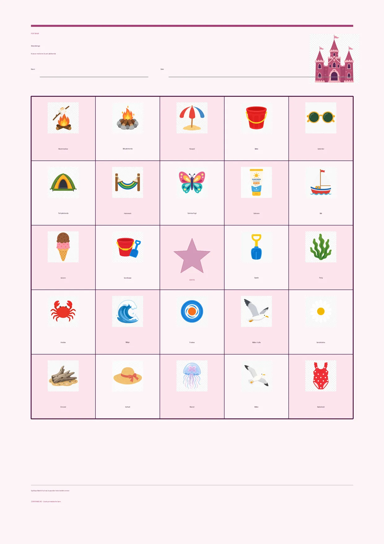 Strandbingo for barn 7–9 år – Prinsesse-tema – gratis utskrivbart A4-brett