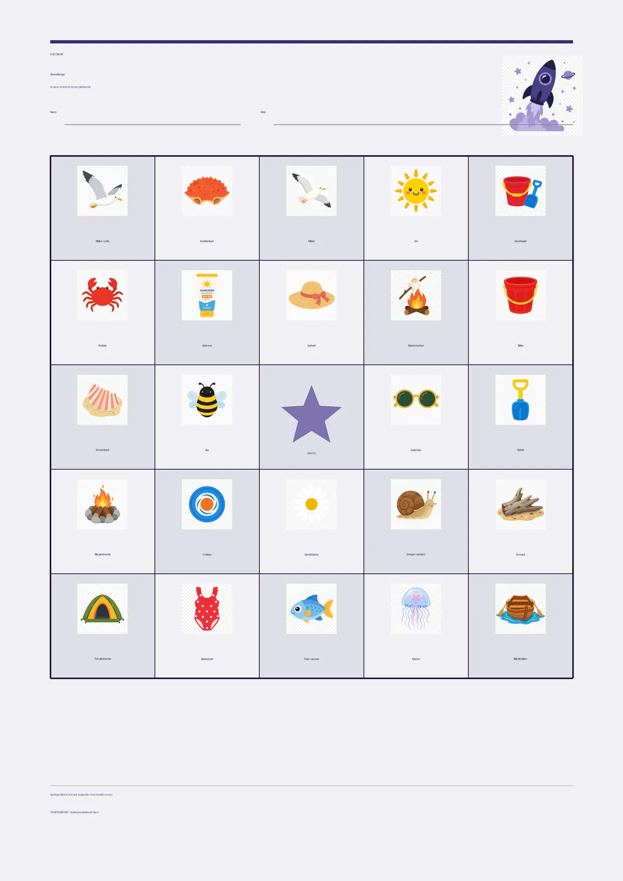 Strandbingo for barn 7–9 år – Romfart-tema – gratis utskrivbart A4-brett