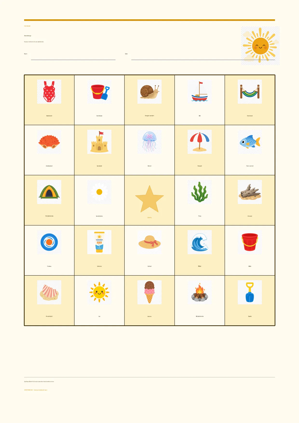 Strandbingo for barn 7–9 år – Sommer-tema – gratis utskrivbart A4-brett
