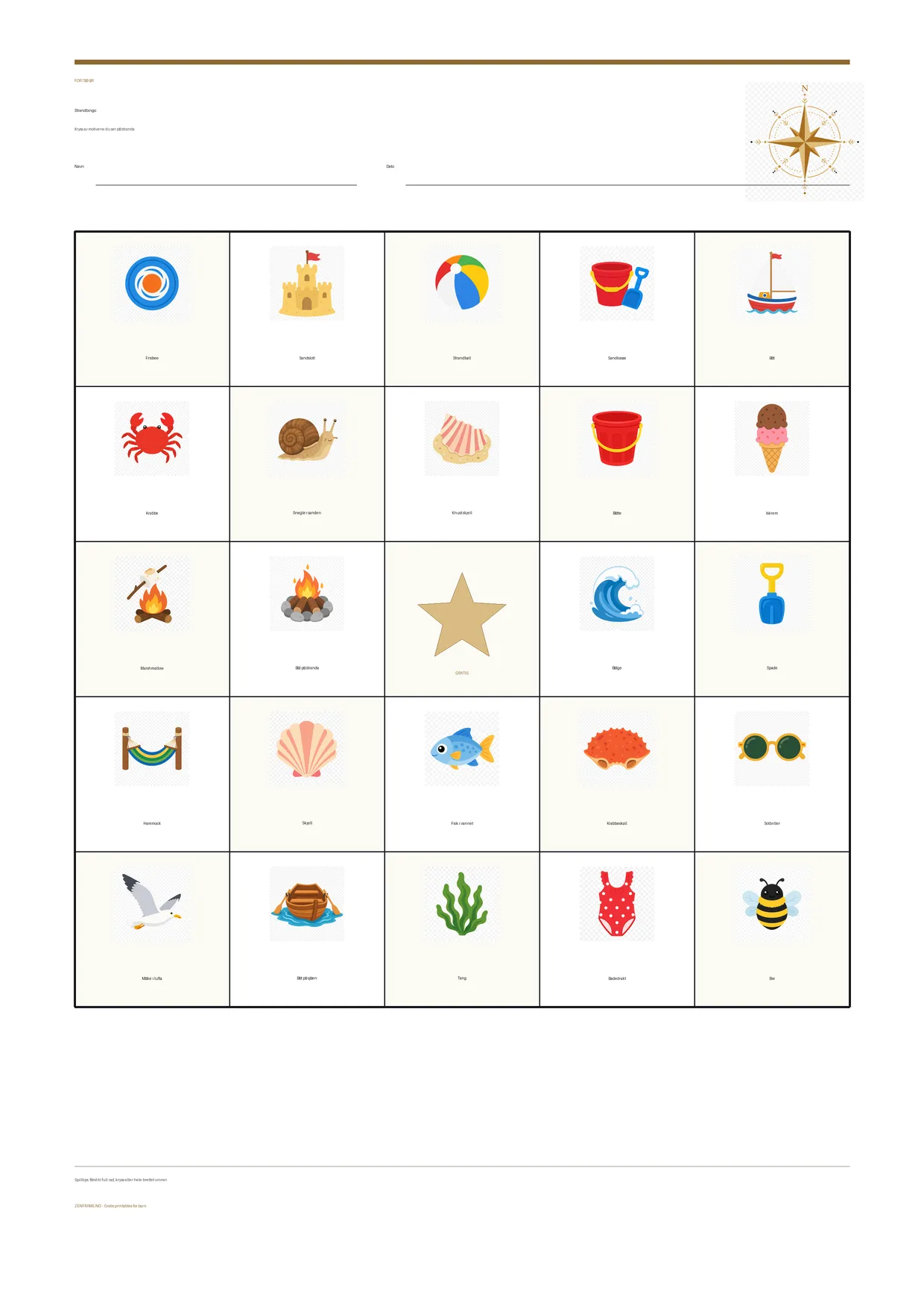 Strandbingo for barn 7–9 år – gratis utskrivbart A4-brett