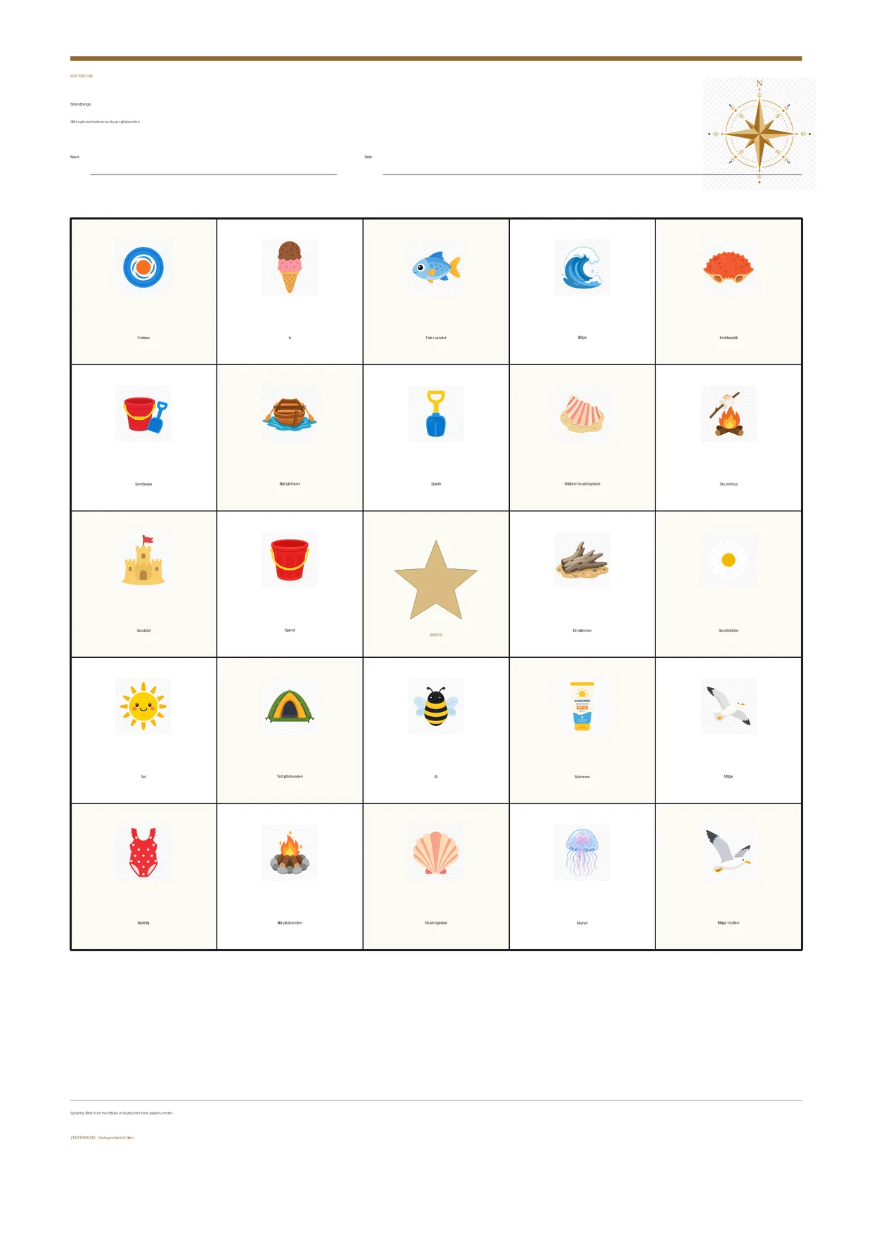 Strandbingo for børn 10–12 år – gratis printbar A4-plade