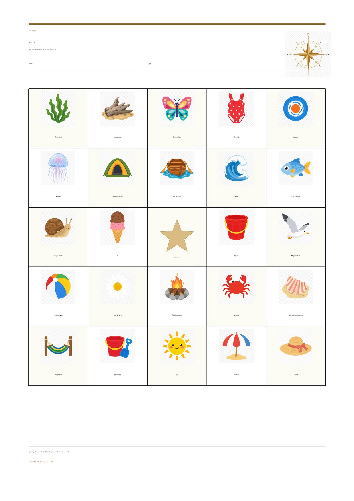 Strandbingo for børn 4–6 år – gratis printbar A4-plade