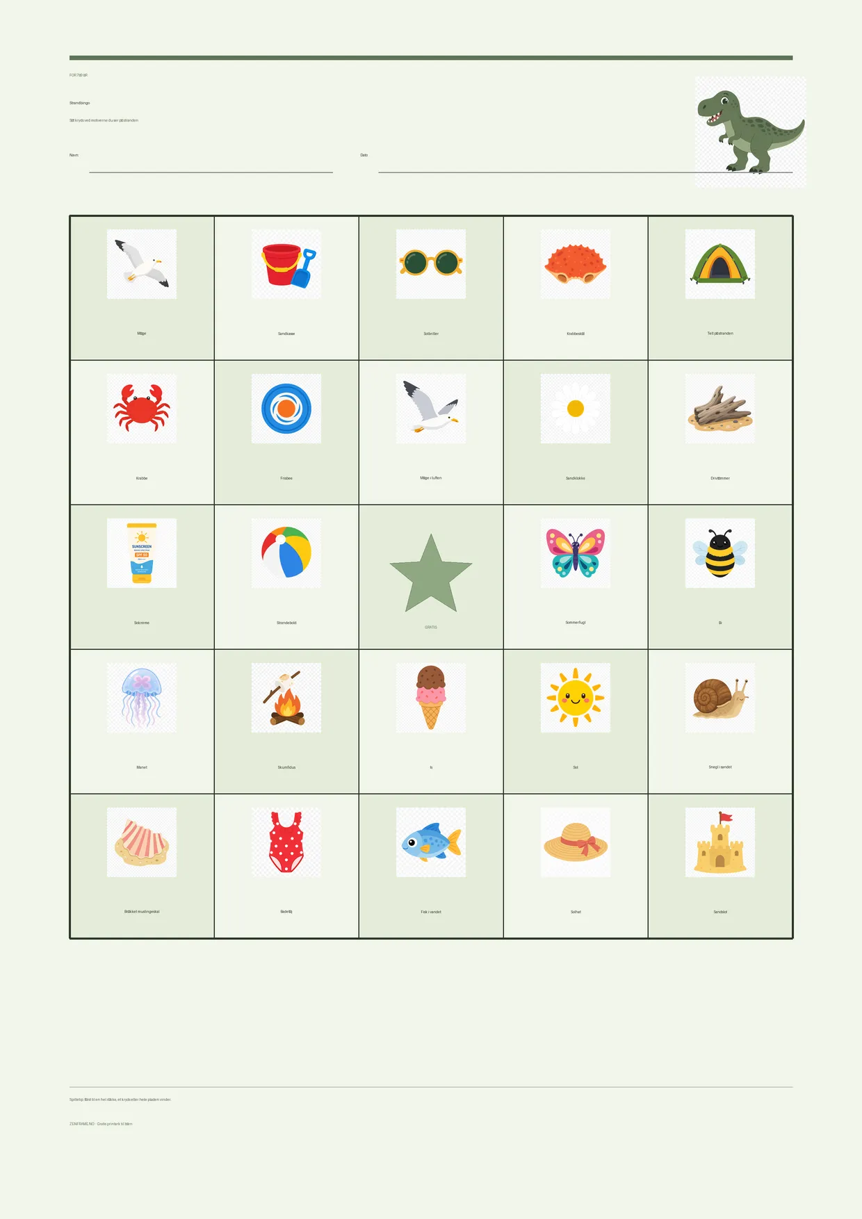 Strandbingo for børn 7–9 år – Dinosaur-tema – gratis printbar A4-plade