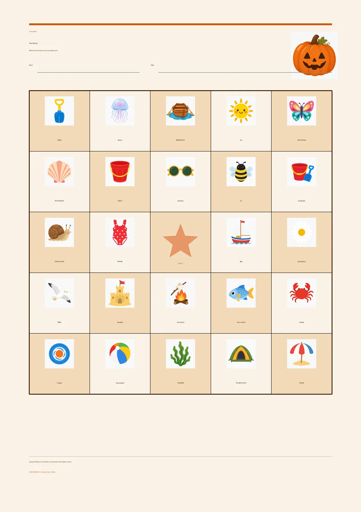 Strandbingo for børn 7–9 år – Halloween-tema – gratis printbar A4-plade